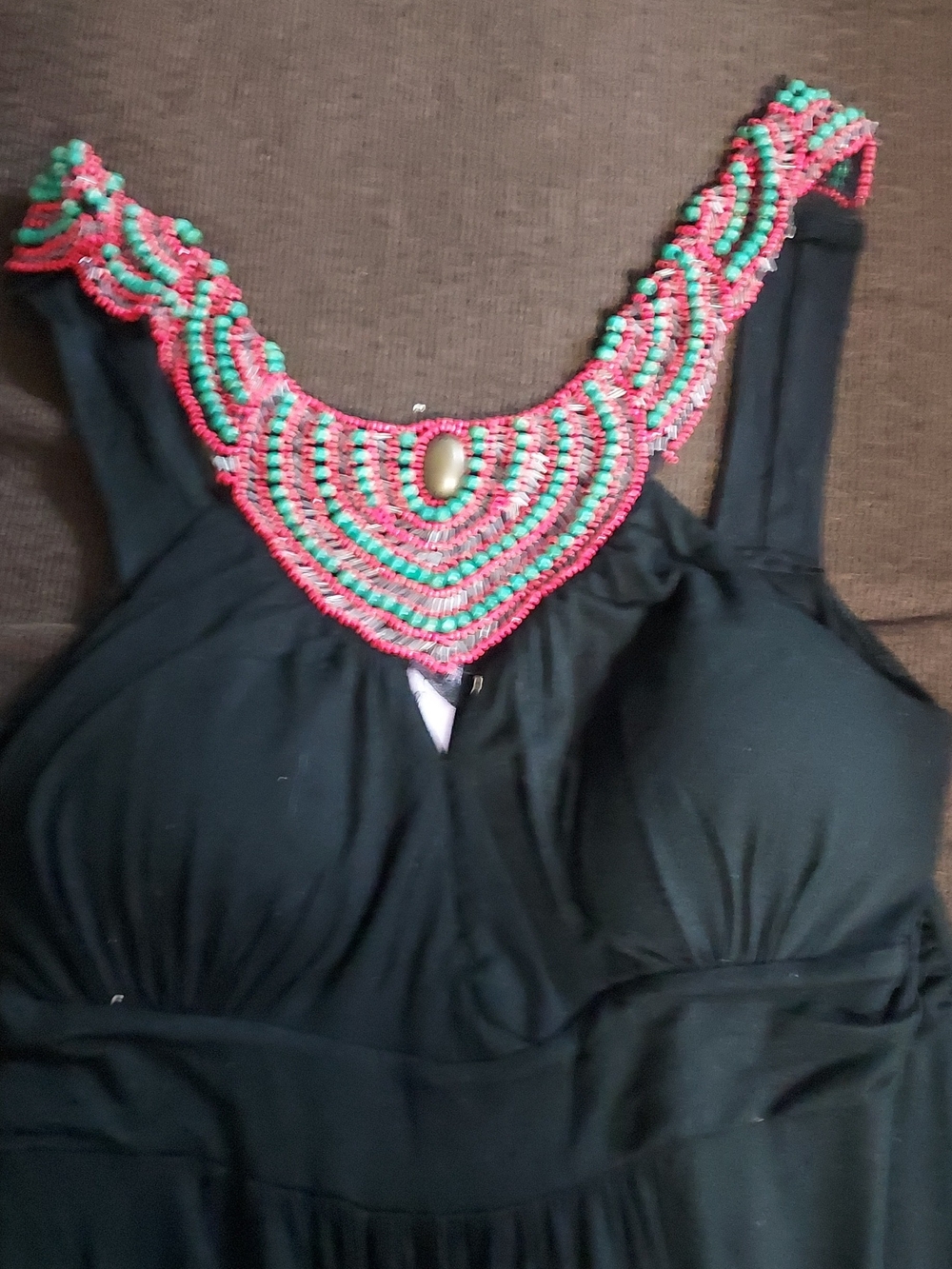 Women’s Black Maxi Dress with Pink & Teal Beaded Neckline